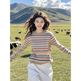 超大码300斤彩色条纹卫衣女春秋2026新款小个子套头韩系chic上衣