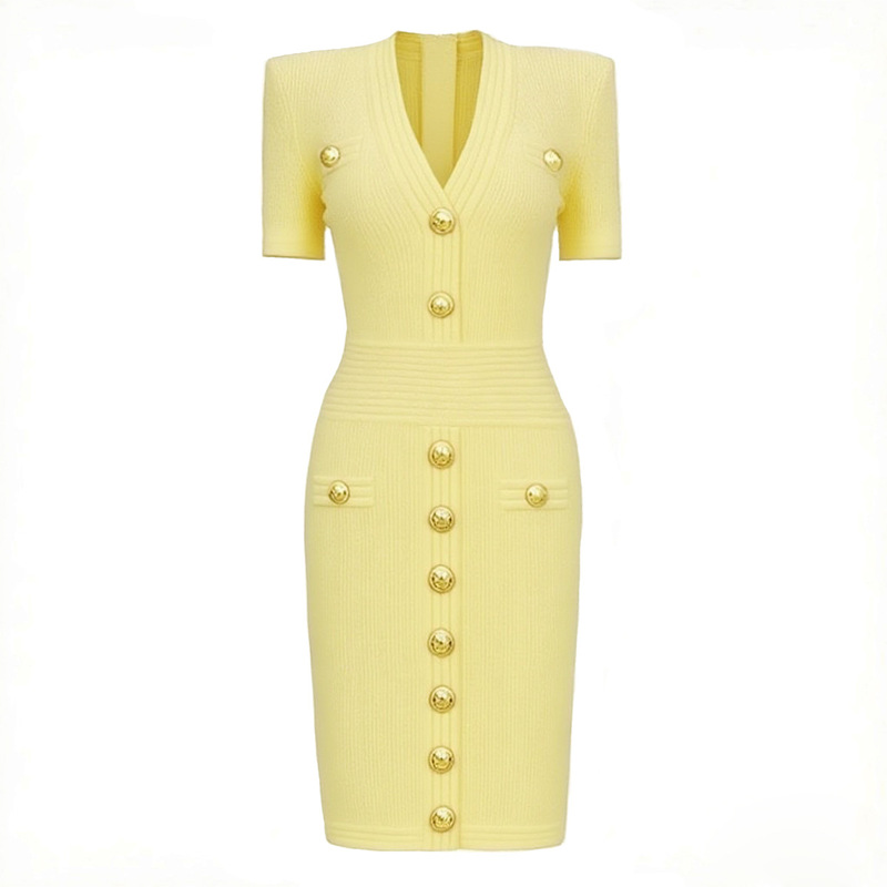 24129 in Stock~High-Quality Extended-Length Summer New Fashion Knitted V-Neck Slim-Fit Short-Sleeve Dress for Women