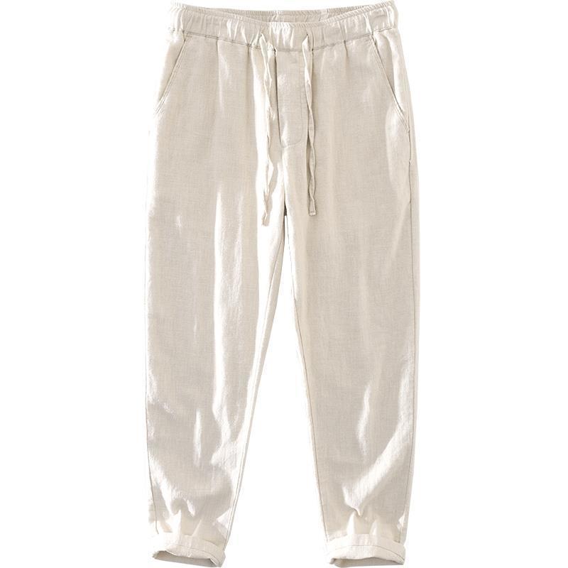 Pantalones casuales de lino rectos de algodón y lino con cintura elástica retro extremadamente cáñamo pantalones de lino sueltos de todo fósforo con cordón para hombres