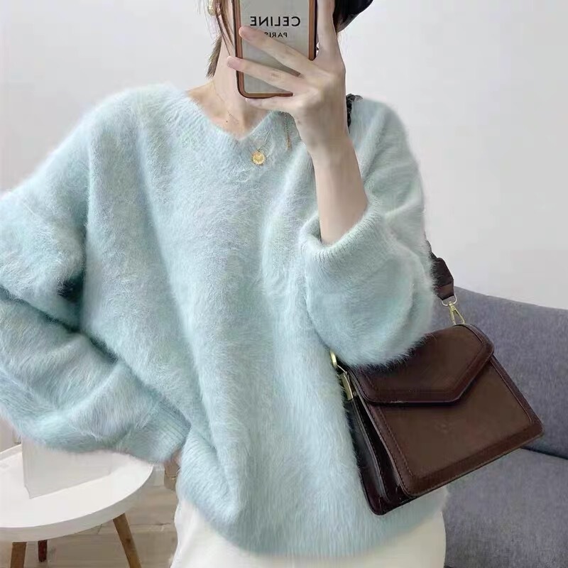 Autumn and Winter new super thick V-neck fairy mink velvet sweater women's pullover loose lazy style knitted top