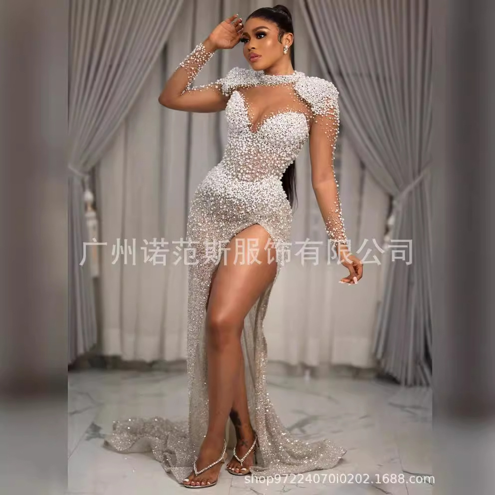 Novance2024 Smooth Pearl Sexy High Slit Dress Women's Evening Dress Long Sleeve Prom Dress Party Style