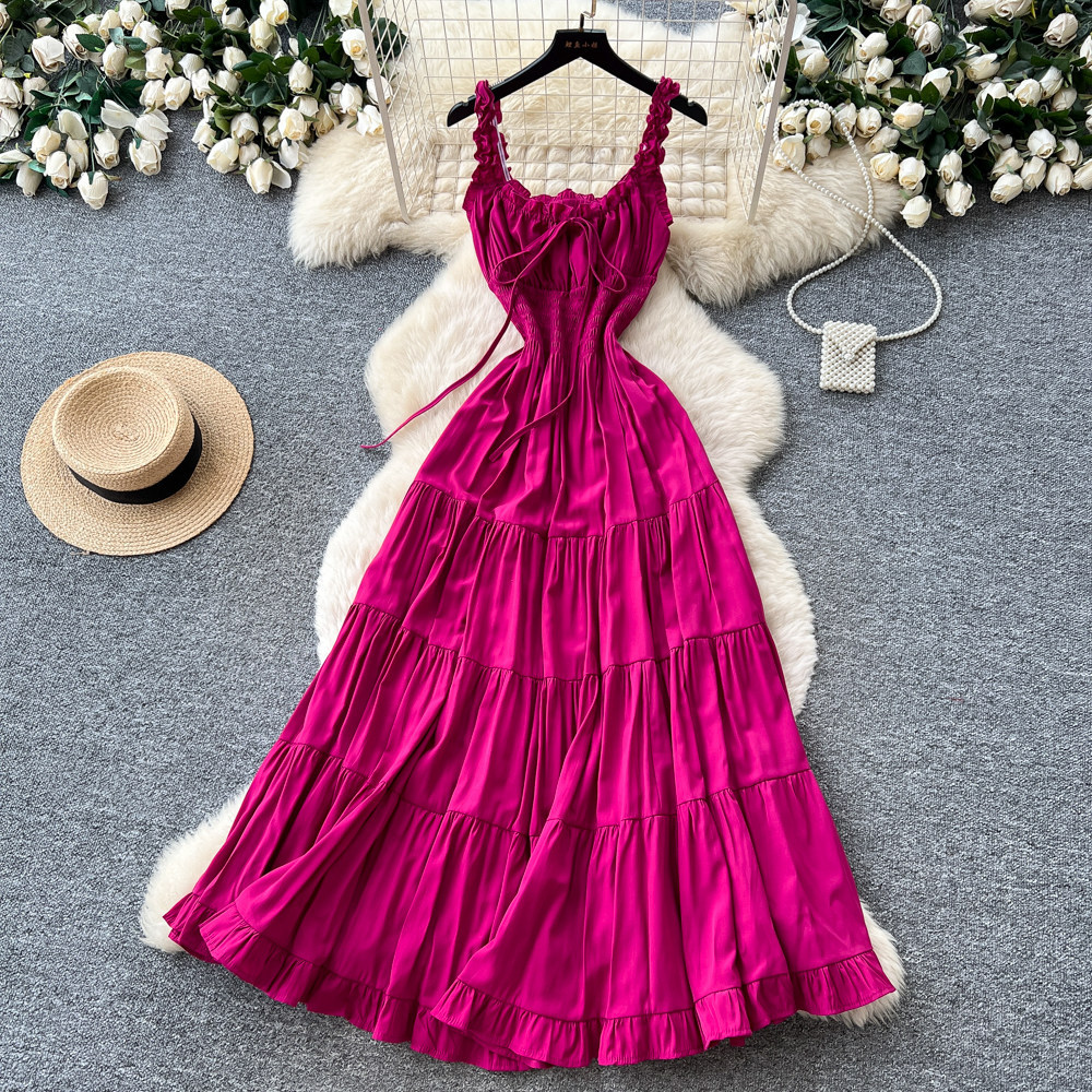Women's French Romantic Style Halter Neck Ruffled Dress Slimming A-Line Summer Style Tie Waist Gown With Flowing Drape_ecoleips.com