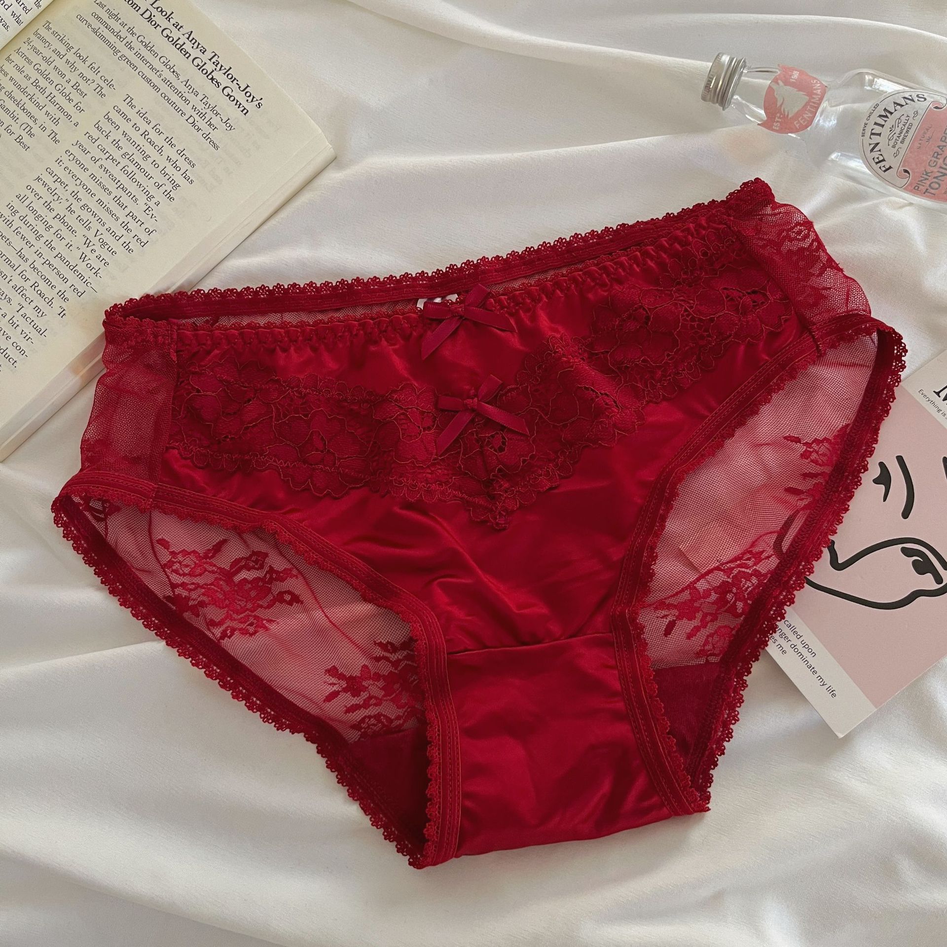 Red Luck Honey Attraction ~ Pantalones de encaje de satén puro francés, pantalones de entrepierna de algodón rojo sexy.