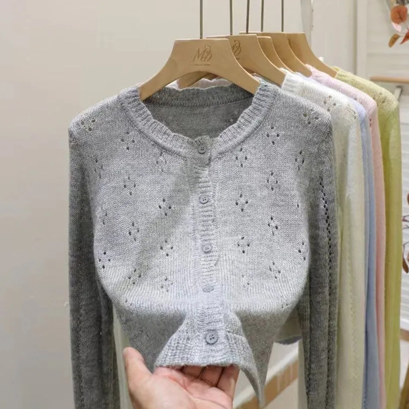 Designed Hollow Lace Knitted Cardigan for Women, Korean Style, Versatile, Soft and Waxy, Niche Retro Spring & Fall Short Top Trendy