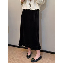 欧货高级感金丝绒半身裙女2025秋新款荷叶边中长款直筒裙气质裙子