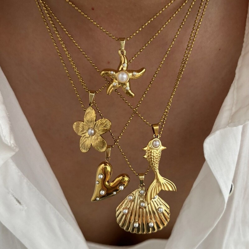Cross-Border Fashion Versatile Stainless Steel Flower, Fish, and Heart-Shaped Pendant with Pearls, Daily Necklace for Women, Mother's Day Gift Cross-Border Fashion Versatile Stainless Steel Flower, Fish, and Heart-Shaped Pendant with Pearls, Daily Necklace for Women, Mother's Day Gift