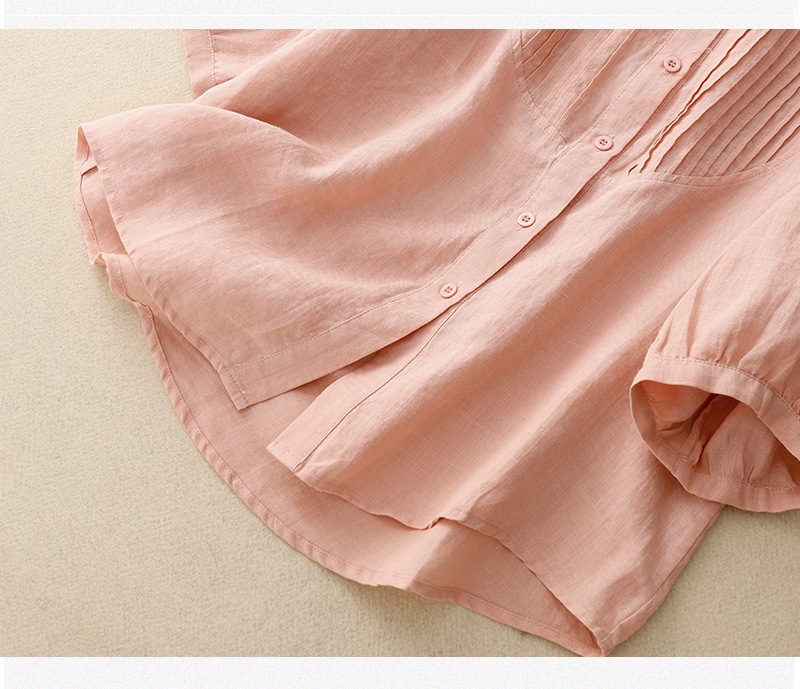 Ordinary Model (50cm <Length ≤ 65cm) Top Length Retro Artistic Loose Cotton Linen Shirt French Piano Pleat New Summer Style Women's Basic Shirt Pure Color Commute Fashion