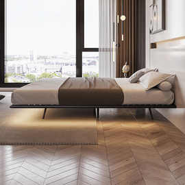 北欧白蜡木无床头悬浮床意式简约主卧现代轻奢带感应灯实木双人床