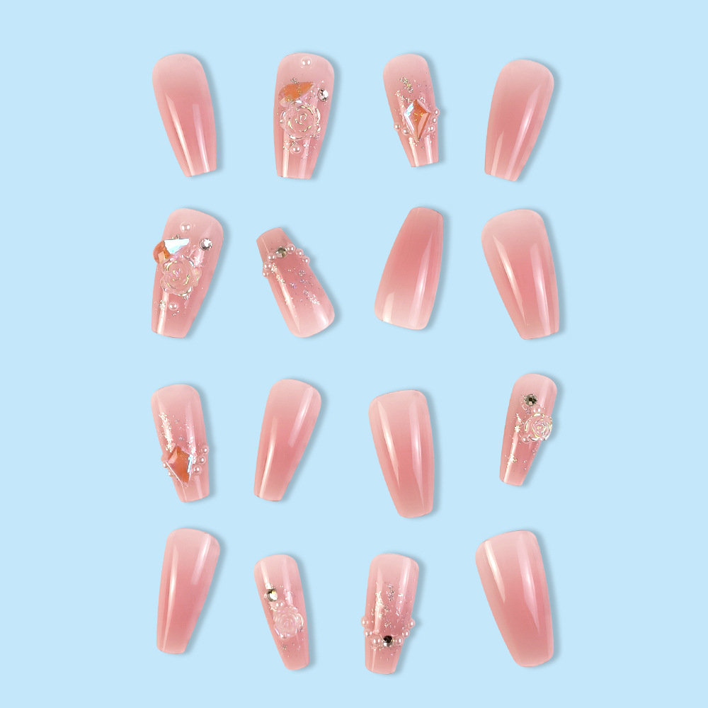 Dolce polvo rosa permeable manicure, lujo ligero, suave, estilo de hadas, 24 piezas de parche de uñas.