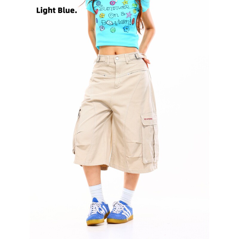 Cross-Border Trade American-Style Tli Retro Loose Blue Wide-Leg Shorts Patchwork Women's Workwear Cropped Pants Gh Trendy Deconstructed Cross-Border Trade American-Style Tli Retro Loose Blue Wide-Leg Shorts Patchwork Women's Workwear Cropped Pants Gh Trendy Deconstructed
