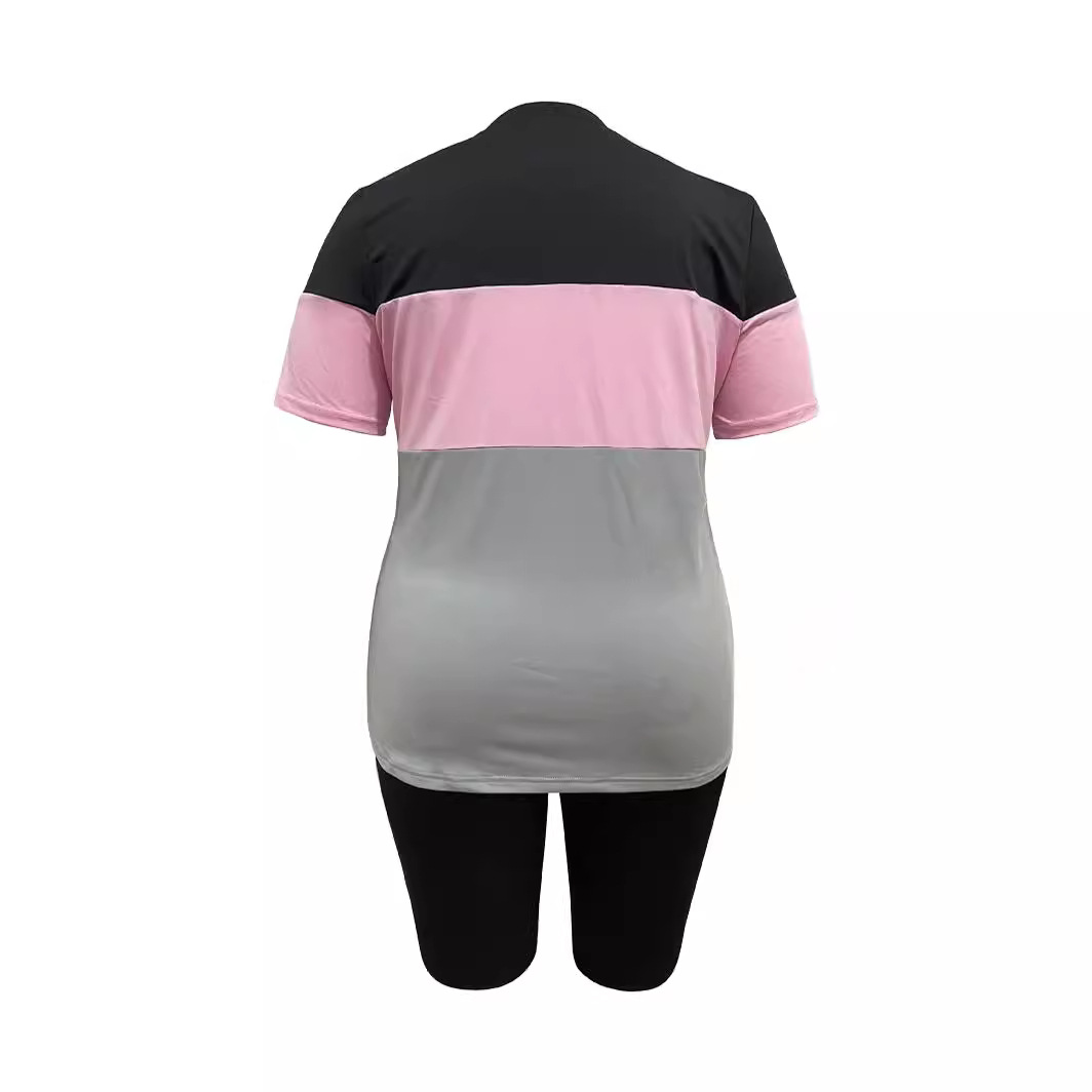 Women's Color Block Crew Neck Summer Fashion Two-Piece Ensemble T-Shirt And Shorts Set Short Sleeve plus Size Available_voghion.com