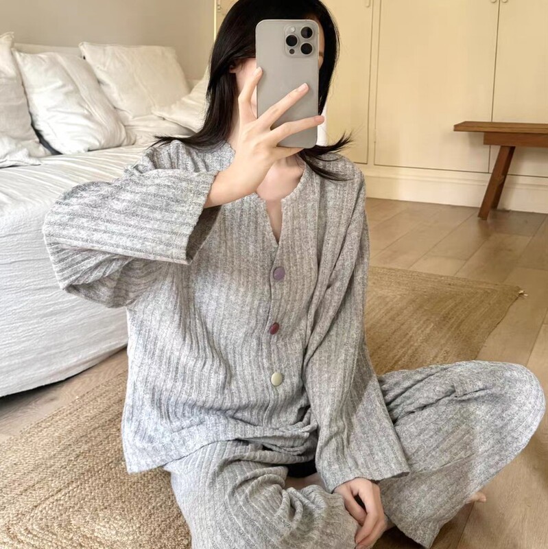 Cashmere and De Rong Women's Pajamas Autumn and Winter Ribbed Solid Color Long-Sleeve Colorful Button Home Wear Set Live Cross-Border Cashmere and De Rong Women's Pajamas Autumn and Winter Ribbed Solid Color Long-Sleeve Colorful Button Home Wear Set Live Cross-Border