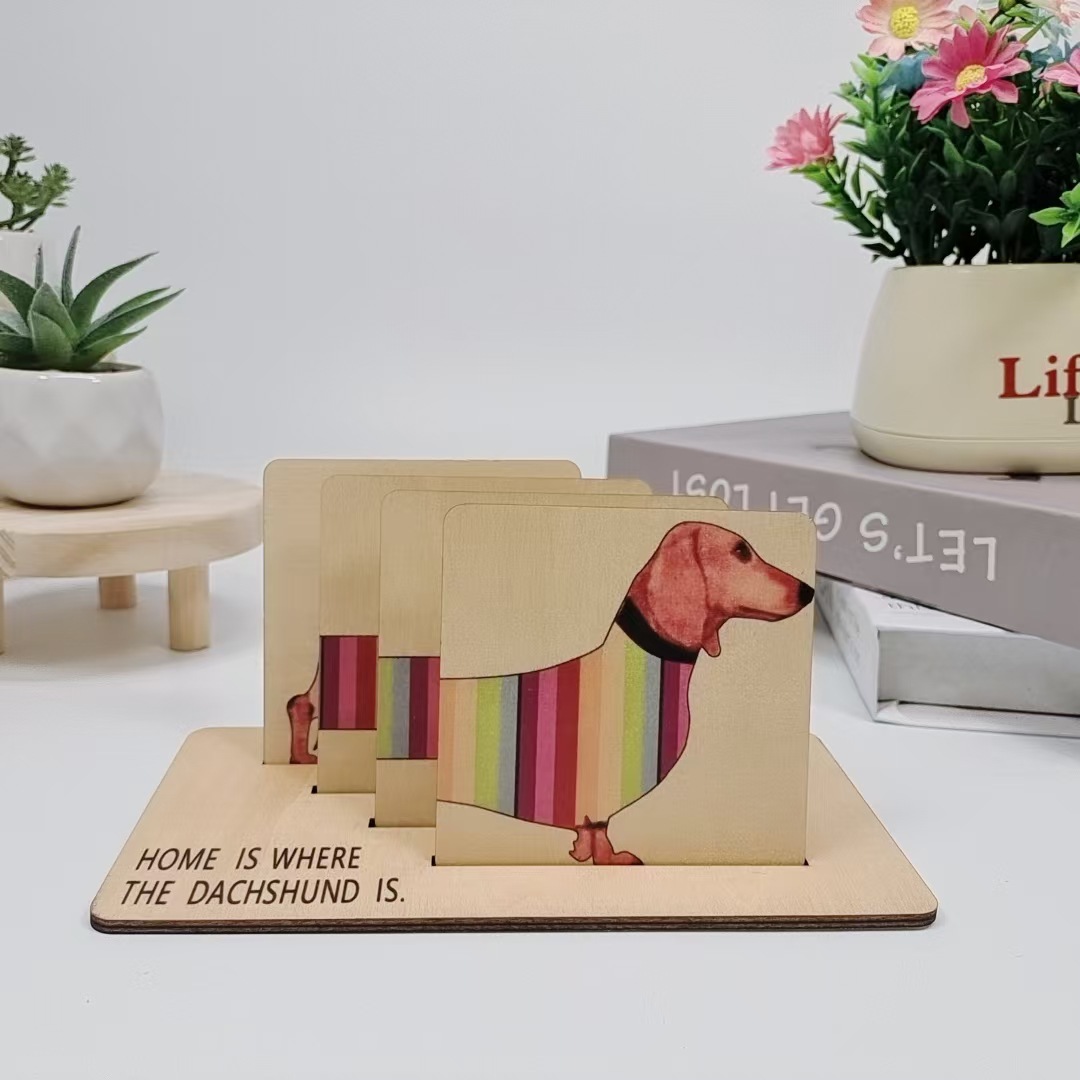 Posavasos de madera creativo Dachshund, diseño de arcoíris y perro salchicha, montaña rusa