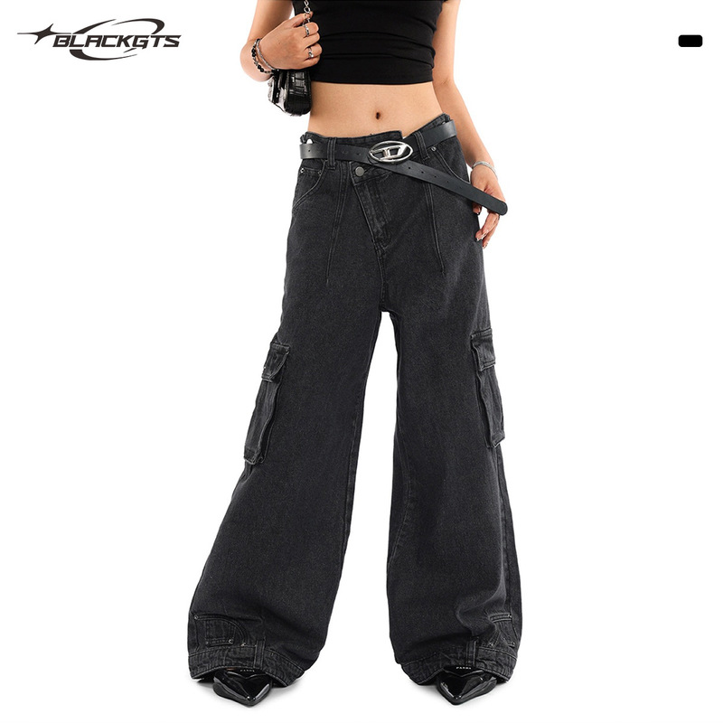 GTS High Street Washed Deconstruction Oblique Placket Workwear Jeans 2024 Retro American Wide Leg Jeans