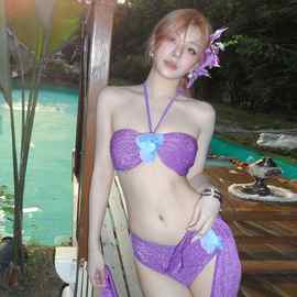 新款性感紫色分体细闪比基尼带披莎bikini海边度假风温泉泳衣女