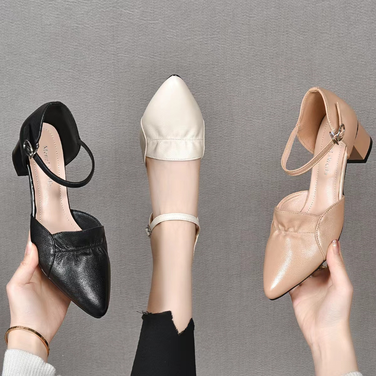 Sandal nữ quai ngang mũi nhọn da thật gót 5 cm — Màu Mơ (Chiều cao gót 5 cm) chi tiết 3