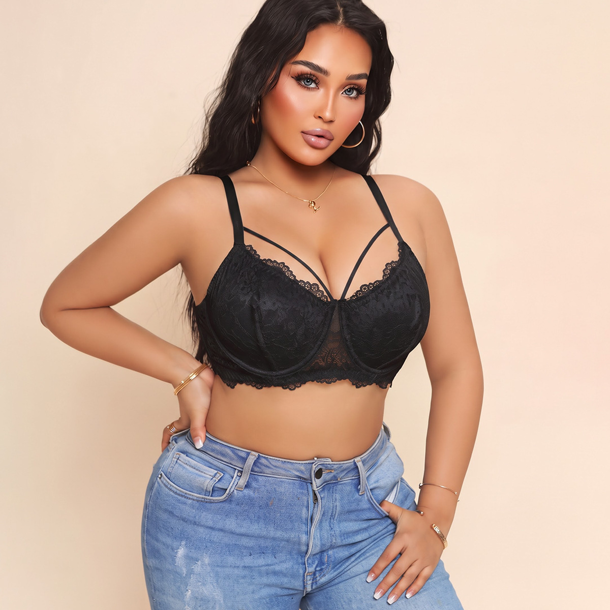 H165 Cross-Border Plus-Size Women's Lace Lingerie Deep V Cutout Lace Sexy Thin Underwire Push-Up Hot Girl Wholesale