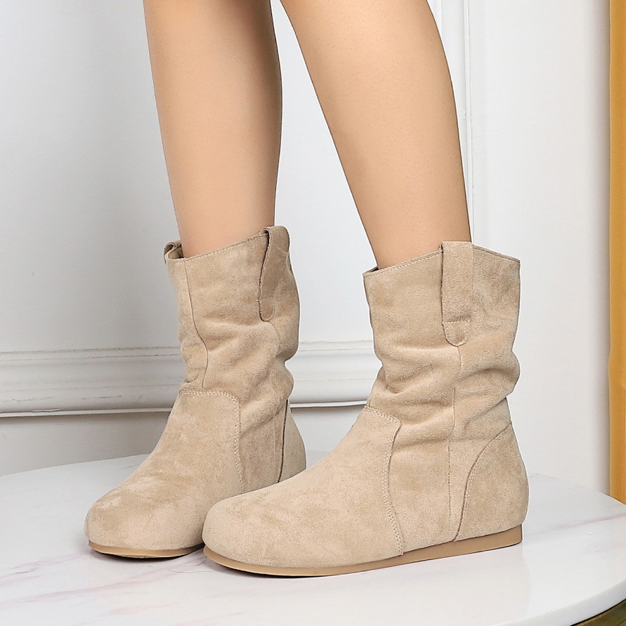 6836-1 suede short boots, women's pleated pile boots, round toe Maillard Buken Western cowboy boots, Buken boots