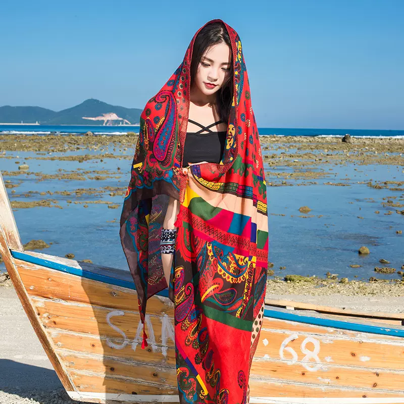 民族风棉麻流苏印花围巾女海边旅游沙滩巾丝巾防晒空调房披肩纱巾