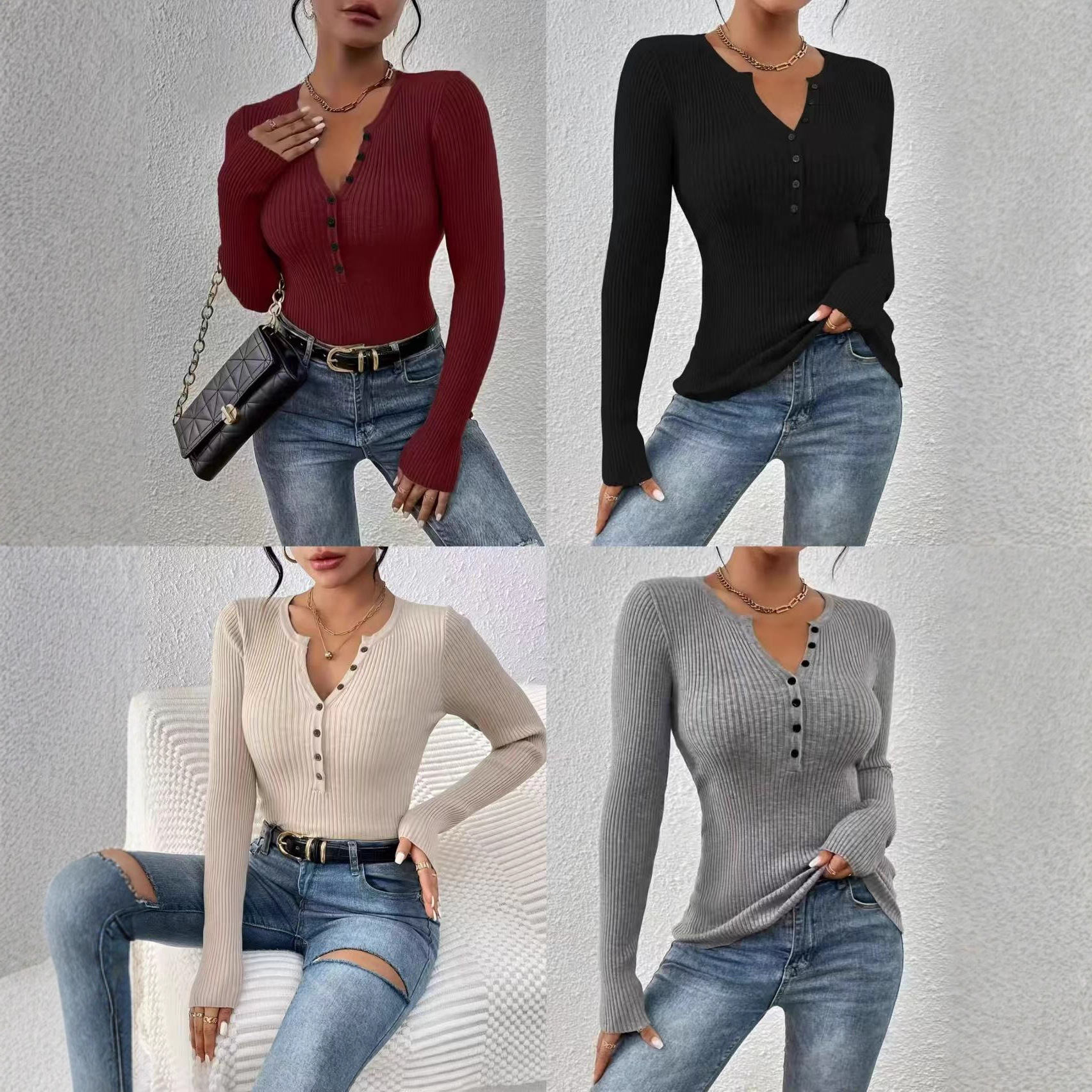 European and American Cross-Border Women's Knitted Sweaters Amazon Foreign Trade Solid Color Slimming Versatile Long-Sleeved Pullover Sweaters