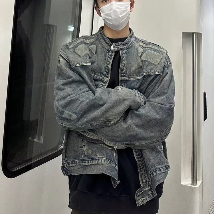 봄과 가을 패션 입체 릴리프 틈새 스탠드 칼라 데님 재킷 남성용 미국 오토바이 재킷 워시 올드 재킷 트렌디