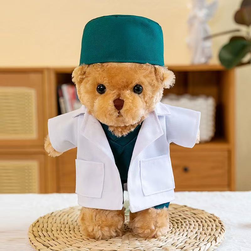 Médico traje de enfermera oso de peluche muñeca de peluche uniforme de enfermera osito puede imprimir logotipo regalo de evento de oso