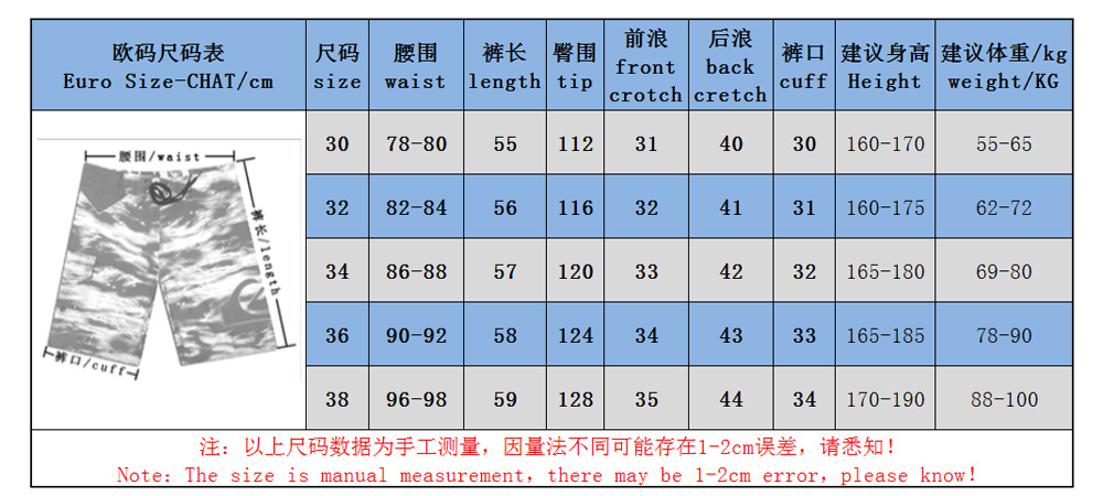 尺码表30-38中文
