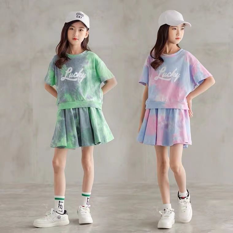 女童套装夏季网红2022夏装新款韩版中大童小女孩短袖短裙两件套潮