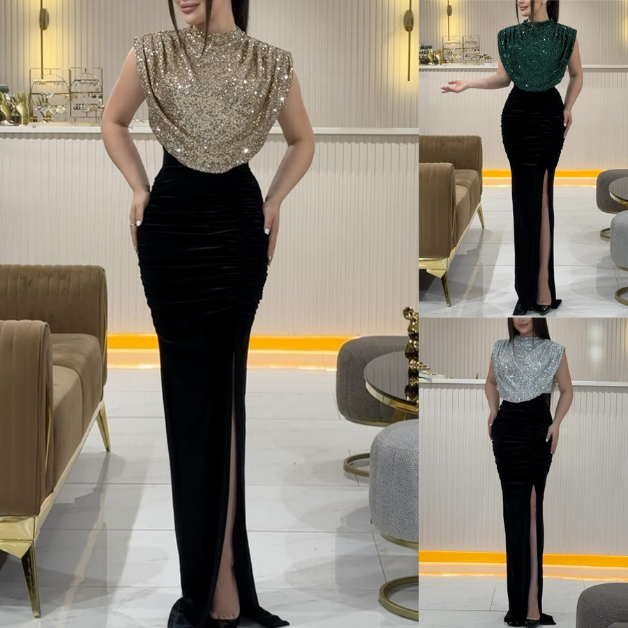 455g Weight Maxi Long Dress Dress Length Type Sleeveless Sleeve Length Sheath Dress Dresses Type Polyester Fabric Type High Waist Waist Line Banquet Occasion Standing Collar Neckline Wholesale Women's Elegant Sequins Slit Solid Color Banquet Standing Collar Sleeveless Sheath Dress