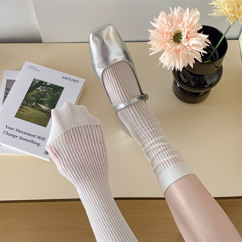 Ballet style thin boneless socks for children solid color ins trendy mid-range socks spring and summer hollow piled socks with small leather shoes