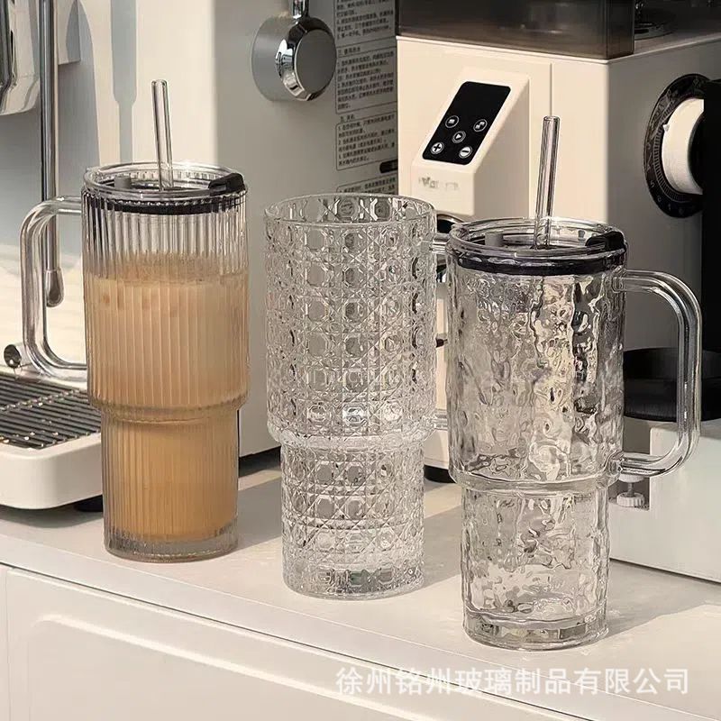 Taza de agua de paja de alta capacidad, taza de vidrio a rayas verticales con mango, taza de café, taza de paja de regalo promocional