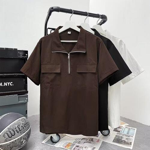 Men's Summer Band Collar Polo Shirt Loose Japanese Style Casual Half-Sleeve Shirt