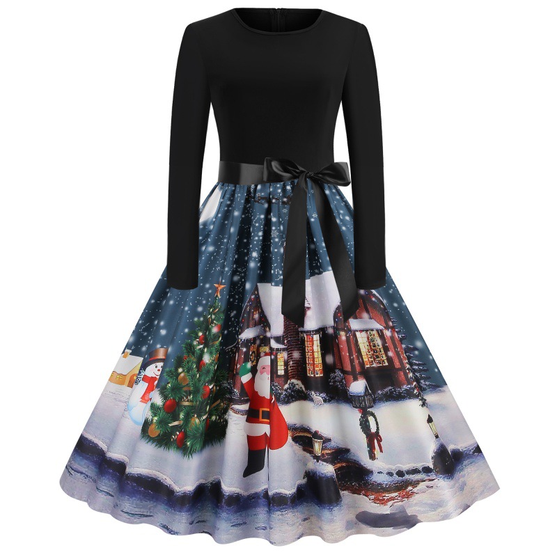 Women's Hepburn Style Printed Patchwork Dress With Ribbon Detail_voghion.com