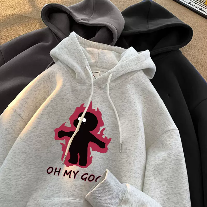 秋冬新款连帽卫衣美式潮牌男士时尚宽松女装加绒加厚情侣保暖上衣