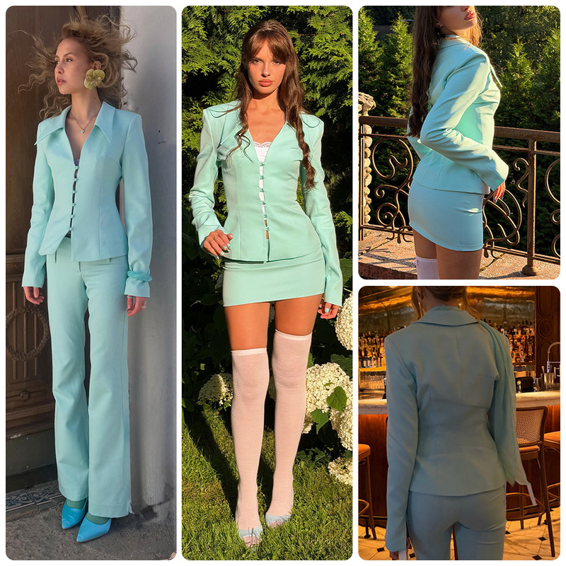 Large lapel, waist-cinching blazer set with buttons, slim-fit long-sleeve blazer, bodycon short skirt, and slightly flared long pants two-piece set