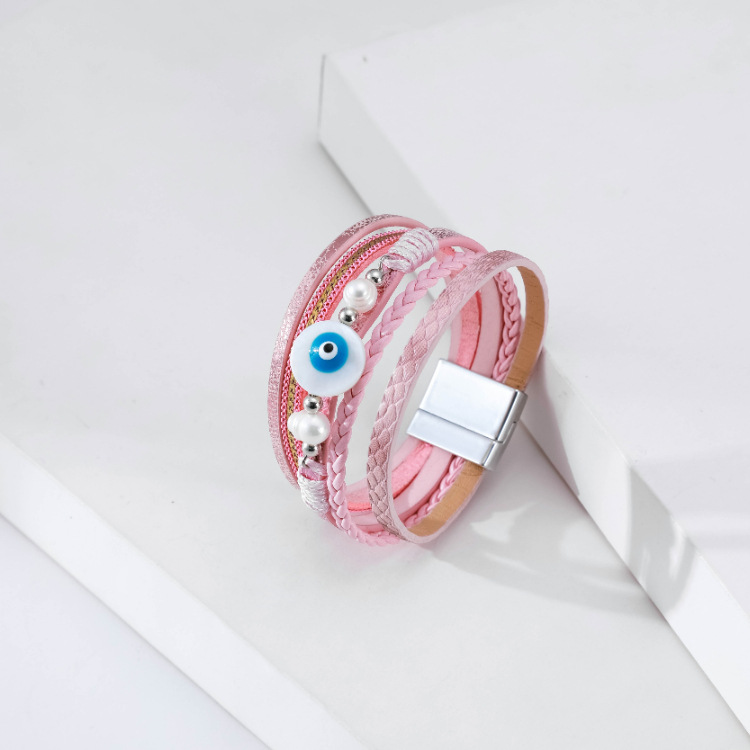 Bohemian multi-layer woven devilu0027s eye pearl leather bracelet