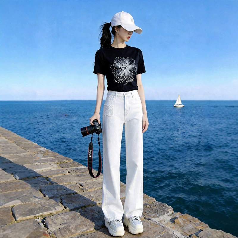 Summer Outfit: a Complete Set of Fashionable and High-End Rhinestone-Printed T-Shirts, White Jeans, Casual Sports Suits for Women Summer Outfit: a Complete Set of Fashionable and High-End Rhinestone-Printed T-Shirts, White Jeans, Casual Sports Suits for Women