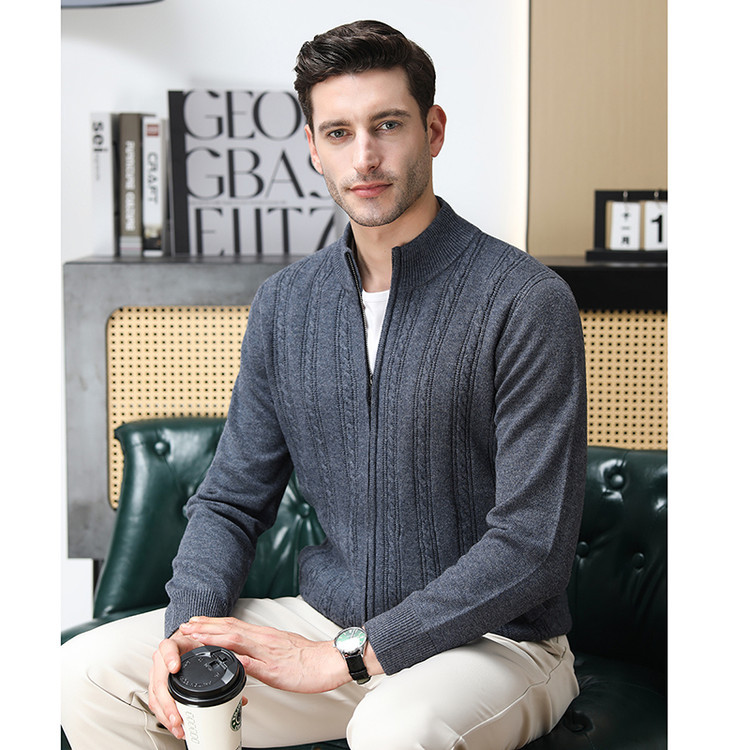 Otoño y invierno suéter de lana sólido con cremallera cardigan chaqueta gruesa calentamiento casual jersey twisted suéter de punto de hombre