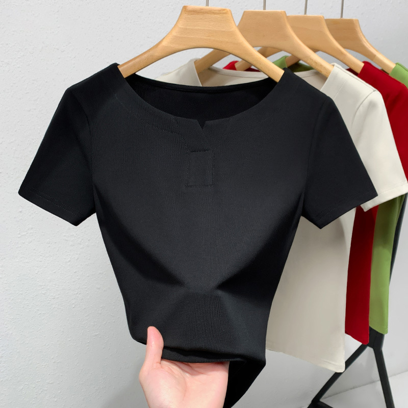 Camiseta de manga corta para mujer verano 2023 nueva camiseta de algodón de color sólido con cuello redondo medio abierto para mujer