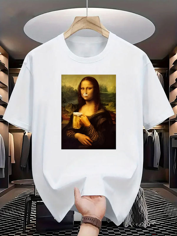 1Pc Unisex Humor Mona Lisa Drinking Beer Printed T-Shirt Black Casual Short Sleeve Round Neck Summer