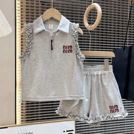 女童夏季拉链翻领背心短裤两件套2025新款中大童字母刺绣韩版套装