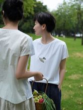 文艺复古原创女装舒适Q弹舒适休闲匹马棉印花设计短袖T恤