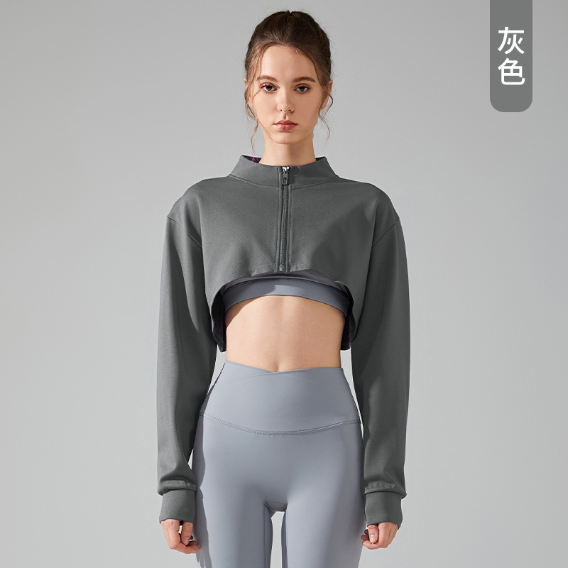 Nueva solapa americana recortada suéter de las mujeres cremallera cardigan abrigo corto tenis manga larga deportes top