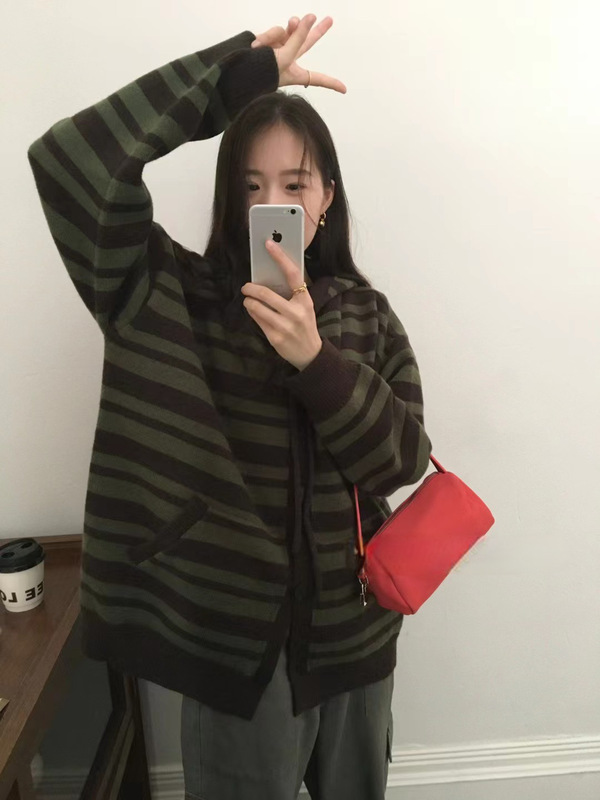 2025秋冬新款撞色条纹连帽毛衣外套女韩系慵懒风女装长袖针织开衫|undefined