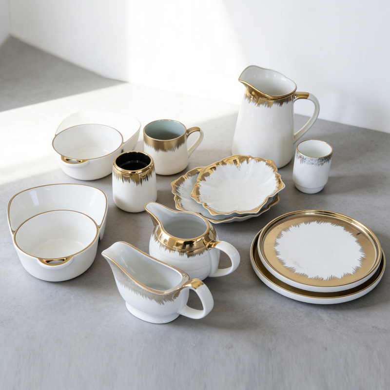 Hot-Selling Foreign Trade Gold-Edged Electroplated Bowls and Plates, Ceramic Tableware Sold by the Ton, Gold Ceramic Soup Plates, Stock Plates for Hotels and Home Use