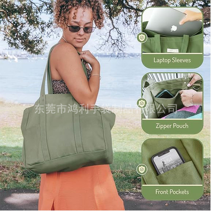 Cross-Border Large Practical Canvas Tote Bag with 2 Front Pockets and Laptop Sleeve, Simple and Practical