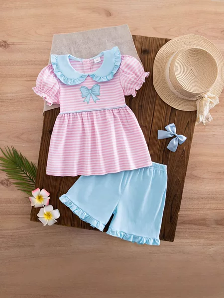 Amazon Ins Girls Summer Striped Short-Sleeved Bow Top Solid Color Shorts Girl Sweet and Cute Set