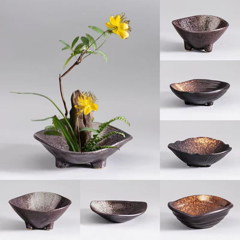 Jianshan Flower Arrangement Set Hydroponic Vessel Japanese Retro Moss Ball Tray Flower Pot Ceramic Home Flower Arrangement Ornaments