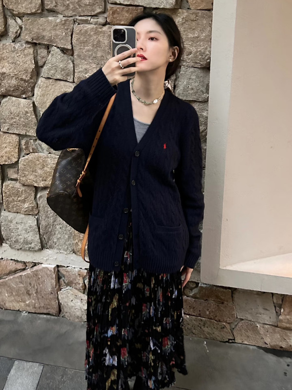RL小马拉夫小麻花V领针织开衫百搭休闲时尚女外套长款两侧大口袋|undefined