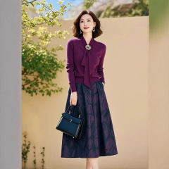 紫色针织套装女2025秋季新款跨境亚马逊飘带上衣印花半身裙两件套